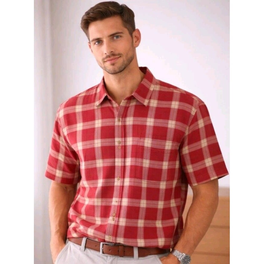 Consensus Sportwear Men's Red Plaid Shirt Size XL Button Linen Blend